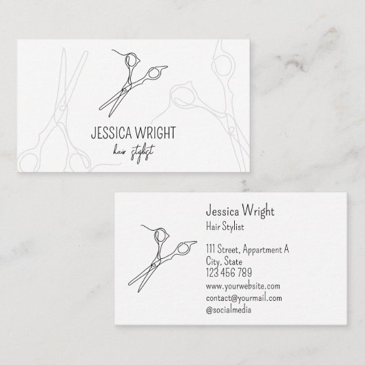 Chic Modern Minimalist Hair Stylist Scissors Line Visitekaartje (Voorkant / Achterkant)