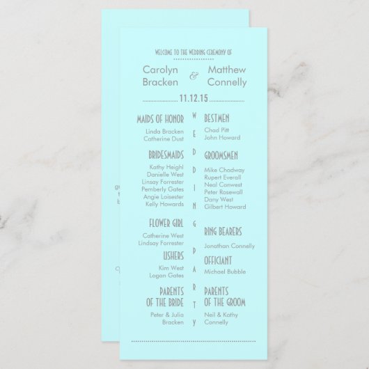 Chic Modern Mint Blue Wedding Program Rack Kaart (Voorkant / Achterkant)