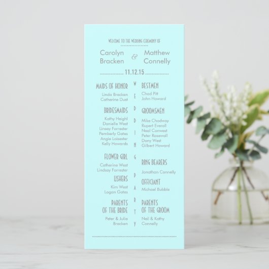 Chic Modern Mint Blue Wedding Program Rack Kaart (Staand voorkant)