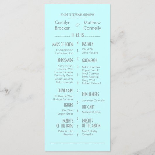 Chic Modern Mint Blue Wedding Program Rack Kaart (Voorkant)
