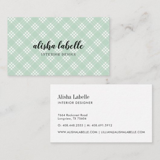 Chic & Modern Mint Green Plaid Visitekaartje (Voorkant / Achterkant)