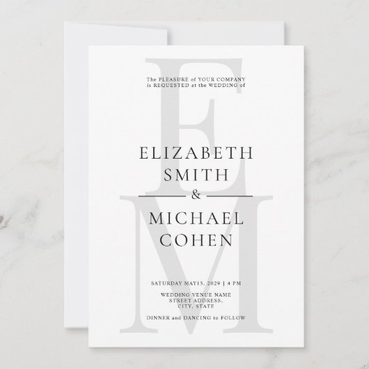 Chic Modern Monogram Initiaal Black White Wedding Kaart (Voorkant)