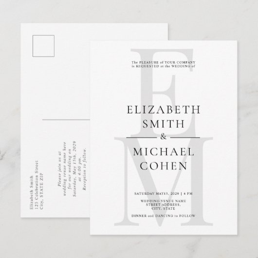 Chic Modern Monogram Initiaal Black White Wedding Uitnodiging Briefkaart (Voorkant / Achterkant)