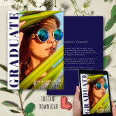Chic Modern Navy blauw en wit foto Afstuderen Aankondiging