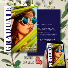 Chic Modern Navy blauw en wit foto Afstuderen Aankondiging