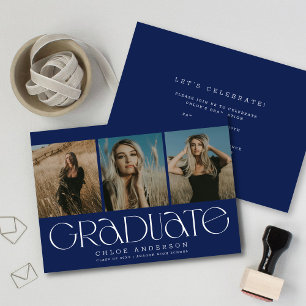 Chic Modern Navy Blue 3 Foto Afstuderen Aankondiging