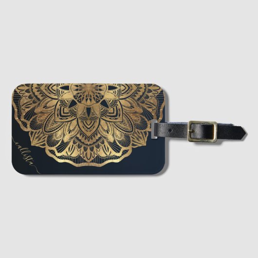Chic Modern Navy Blue Mandala Bagagelabel (Voorkant (horizontaal))