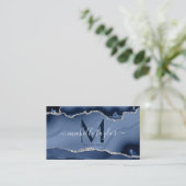 Chic Modern Navy Blue Monogram Agate QR CODE Busi Visitekaartje (Staand voorkant)