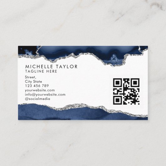 Chic Modern Navy Blue Monogram Agate QR CODE Busi Visitekaartje (Achterkant)