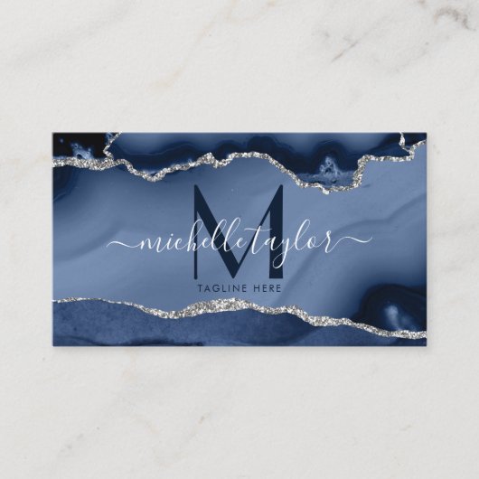 Chic Modern Navy Blue Monogram Agate QR CODE Busi Visitekaartje (Voorkant)