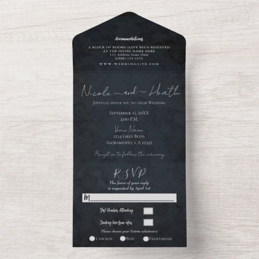 Chic Modern Navy Blue Texture Wedding Photo All In One Uitnodiging (Binnen)
