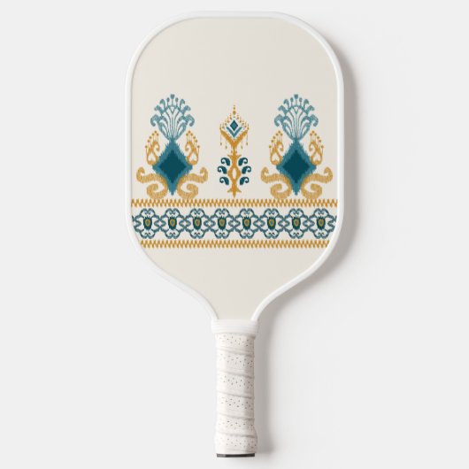 Chic Modern Neutraal Blauwgroen Sinaasappel Ikat T Pickleball Paddle (Voorkant)