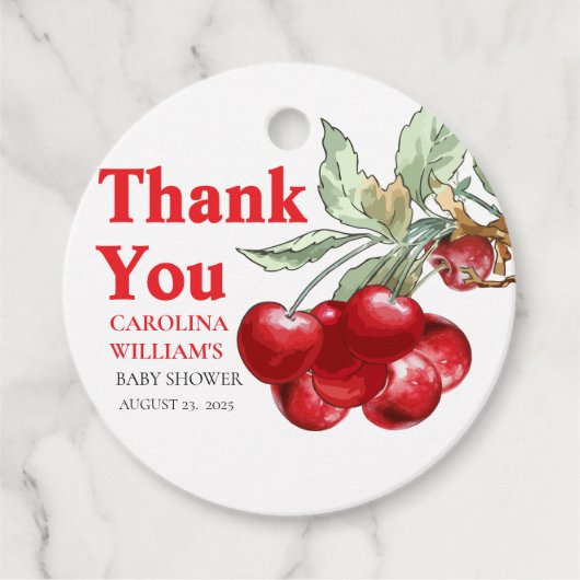 Chic Modern Red Cherry Baby shower Bedankjes Labels (Voorkant)