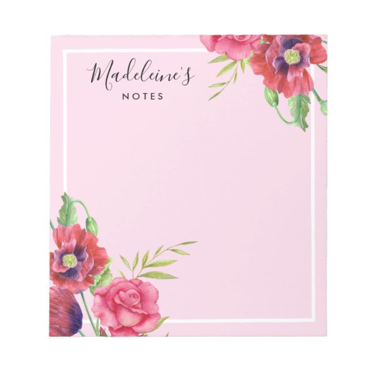 Chic Modern Red en Roze Flowers Blush Background Notitieblok (Voorkant)