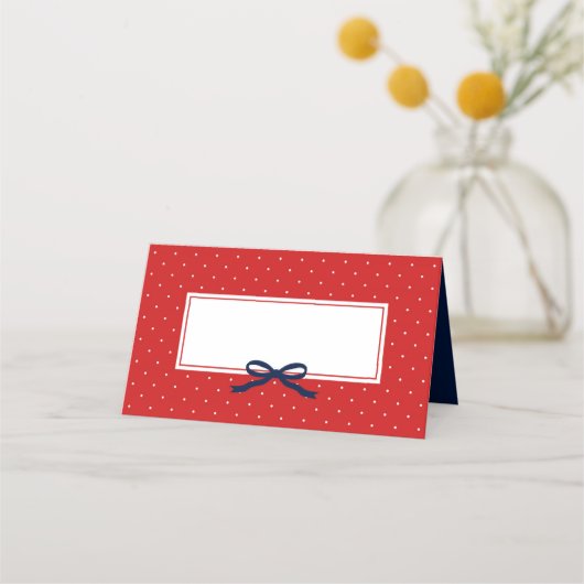 Chic Modern Red Polka Dot met Blauw Lint Plaatskaartje (Voorkant)