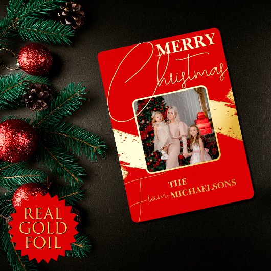 Chic Modern Red Typography Folie Feestdagenkaart