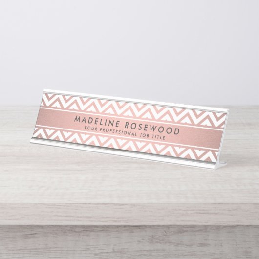 Chic Modern Roos Gouden Chevron Monogrammed Bureau Naambordje (Voorkant)