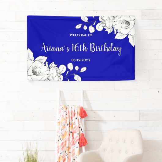 Chic Modern Royal Blue White Birthday Spandoek (Insitu)
