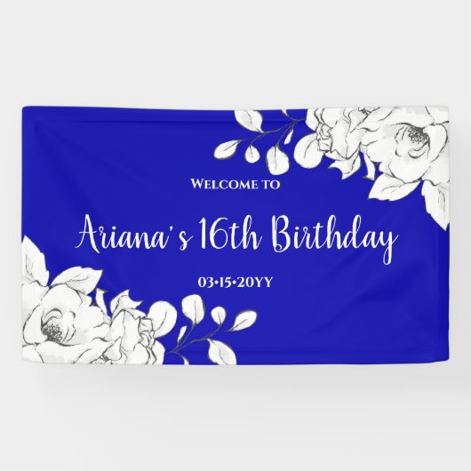 Chic Modern Royal Blue White Birthday Spandoek (Horizontaal)