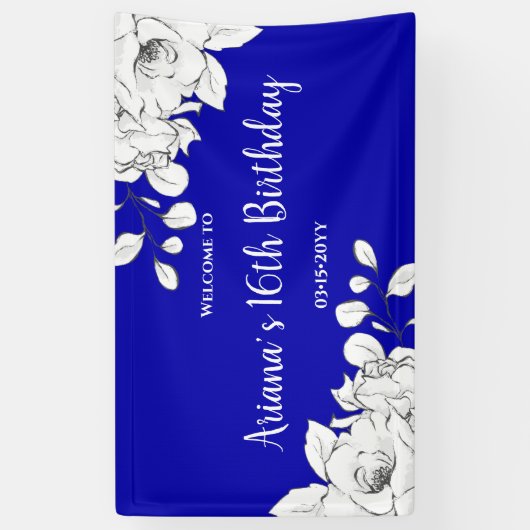 Chic Modern Royal Blue White Birthday Spandoek (Verticaal)