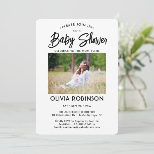 Chic Modern Script 2 Foto Minimal Baby shower Kaart (Staand voorkant)