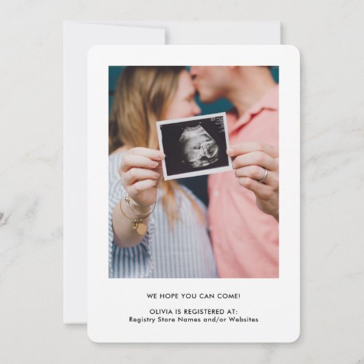 Chic Modern Script 2 Foto Minimal Baby shower Kaart (Achterkant)