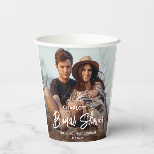 Chic Modern Script 2 Foto Minimal Bridal Shower Papieren Bekers (Achterkant)