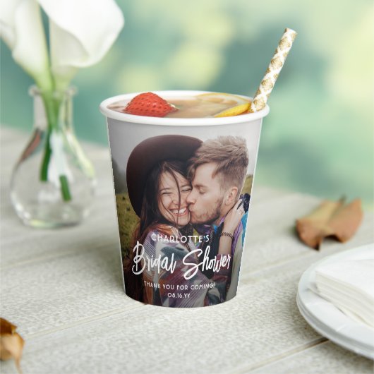 Chic Modern Script 2 Foto Minimal Bruidsdouche Papieren Bekers (Insitu)