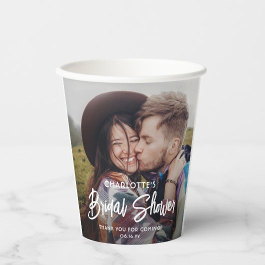 Chic Modern Script 2 Foto Minimal Vrijgezellenfees Papieren Bekers (Voorkant)