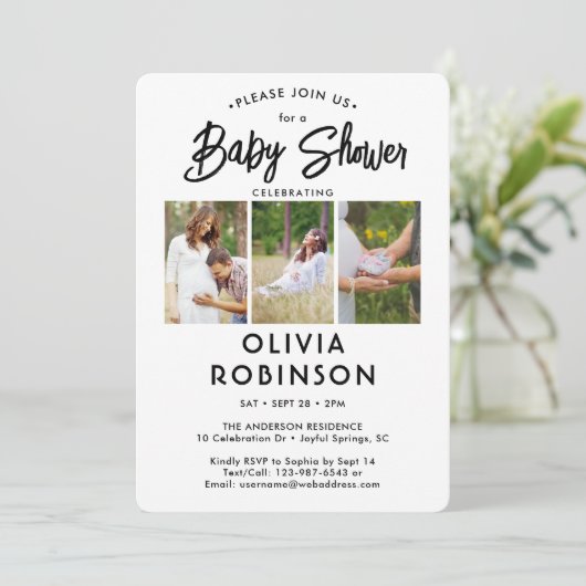 Chic Modern Script 4 Foto Minimal Baby shower Kaart (Staand voorkant)