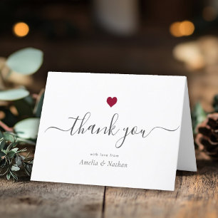 Chic Modern Script Calligraphy Burgundy Red Heart Bedankkaart