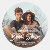 Chic Modern Script & Foto Bruidsfeest Dank Je Ronde Sticker (Voorkant)