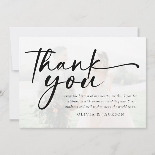 Chic modern script foto bruiloft bedankkaart (Voorkant)