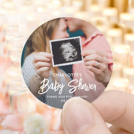 Chic Modern Script & Photo Baby shower Dank je Ronde Sticker