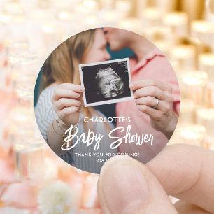 Chic Modern Script & Photo Baby shower Dank je Ronde Sticker