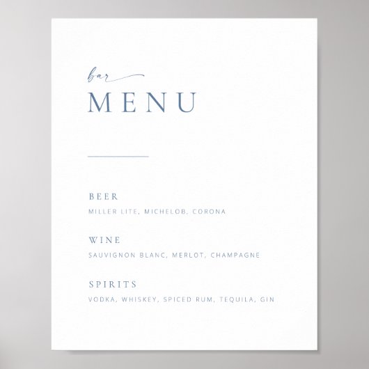 Chic + Modern Script Trouw Bar Menu Bord | Blauw Poster (Voorkant)