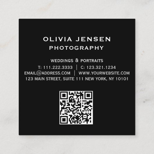 Chic Modern Script Typography Simple Photografe Vierkante Visitekaartje (Achterkant)