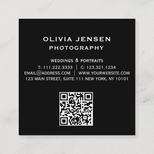 Chic Modern Script Typography Simple Photografe Vierkante Visitekaartje (Achterkant)