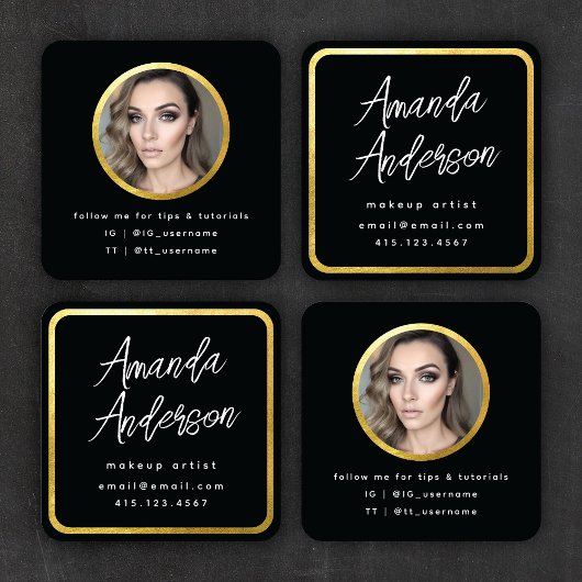 Chic modern script zwart + goudfoto vierkante visitekaartje