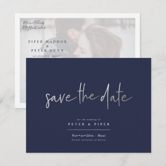 Chic + Modern Silver Signature Script, de datum op Briefkaart (Voorkant / Achterkant)