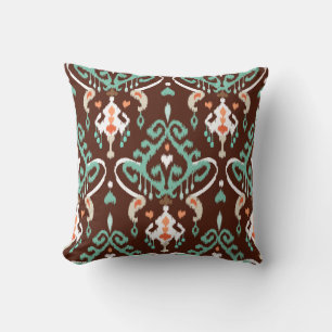 Chic modern turkooizen brown ikat tribal patroon kussen