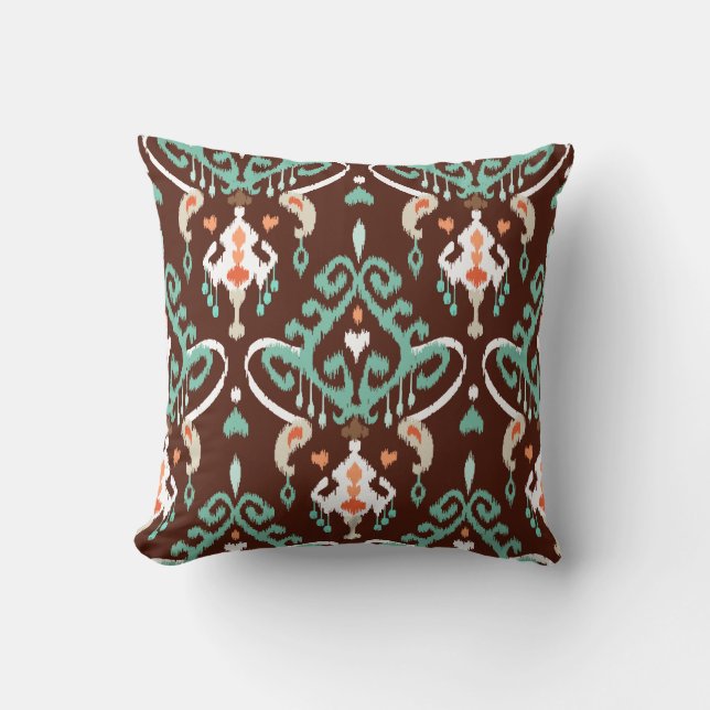 Chic modern turkooizen brown ikat tribal patroon kussen (Voorkant)