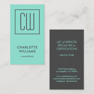 Chic Modern Turquoise Square Monogram Elegant Visitekaartje