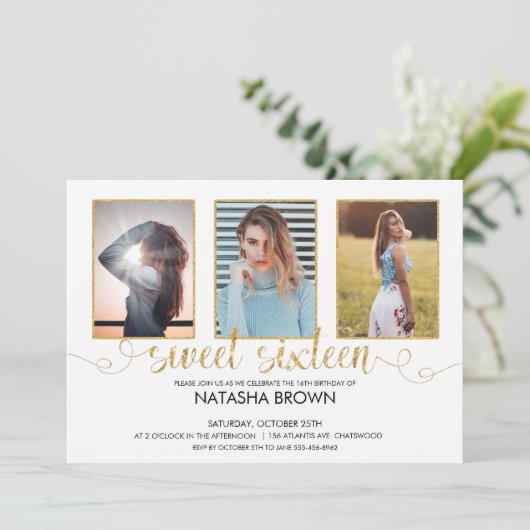 Chic Modern Typography Sweet 16 Gold Party Photo Kaart (Staand voorkant)