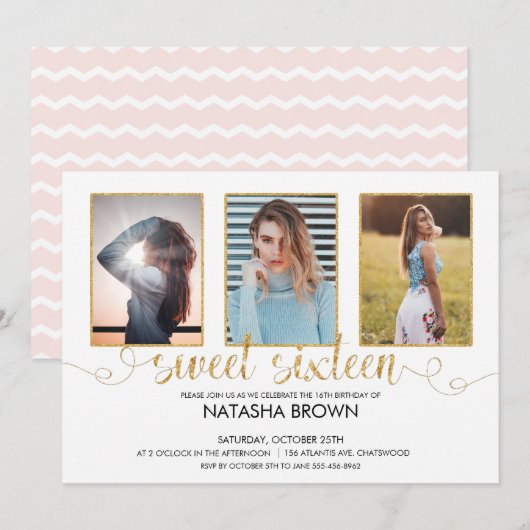 Chic Modern Typography Sweet 16 Gold Party Photo Kaart (Voorkant / Achterkant)