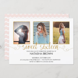 Chic Modern Typography Sweet 16 Gold Party Photo Kaart