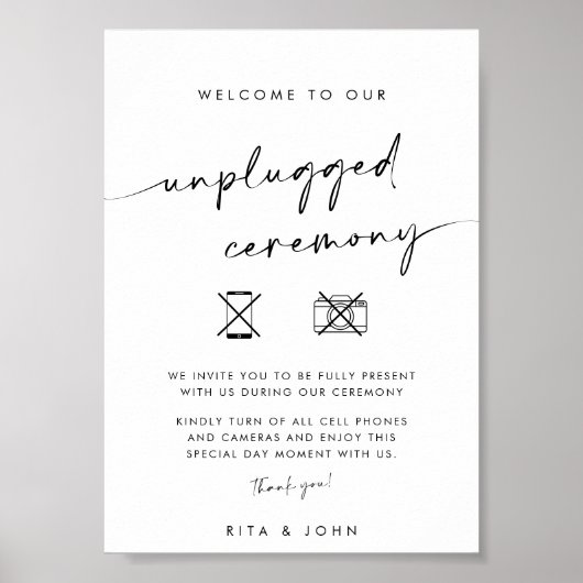Chic Modern Unplugged Ceremony Wedding Sign Poster (Voorkant)