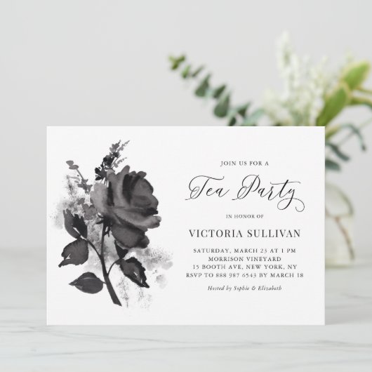 Chic Modern Waterverf Black Roos Tea Party Kaart (Staand voorkant)