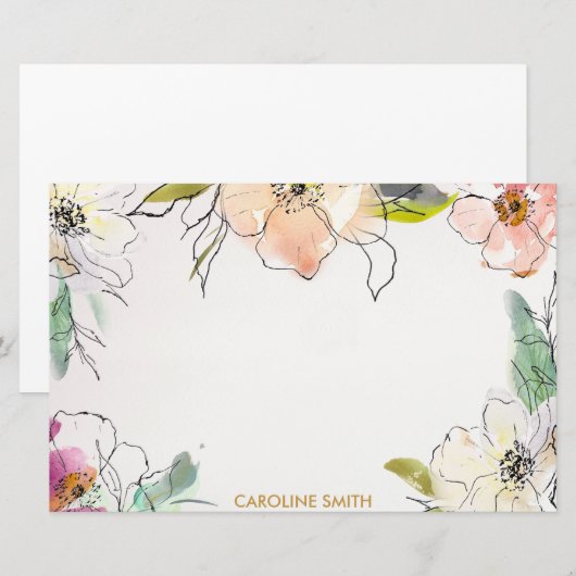 Chic Modern Waterverf Floral Note Briefpapier (Voorkant / Achterkant)
