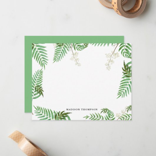 Chic Modern Waterverf Greenery Script Monogram Notitiekaartje (Voorkant / Achterkant in situ)